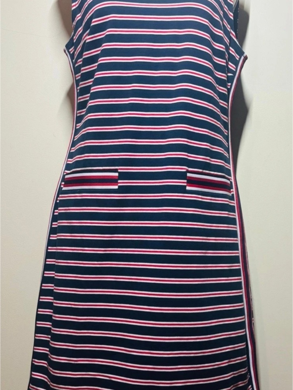 Tommy Hilfiger Polycotton Dress Striped Midi Dress in Blue & Red Medium NWT